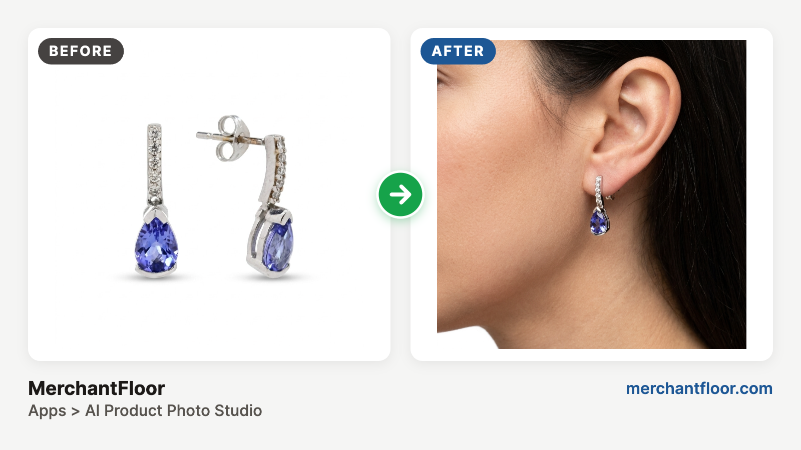 Before and after: blue pear-shaped drop earrings on white, then AI-generated photo of one worn on a model's ear