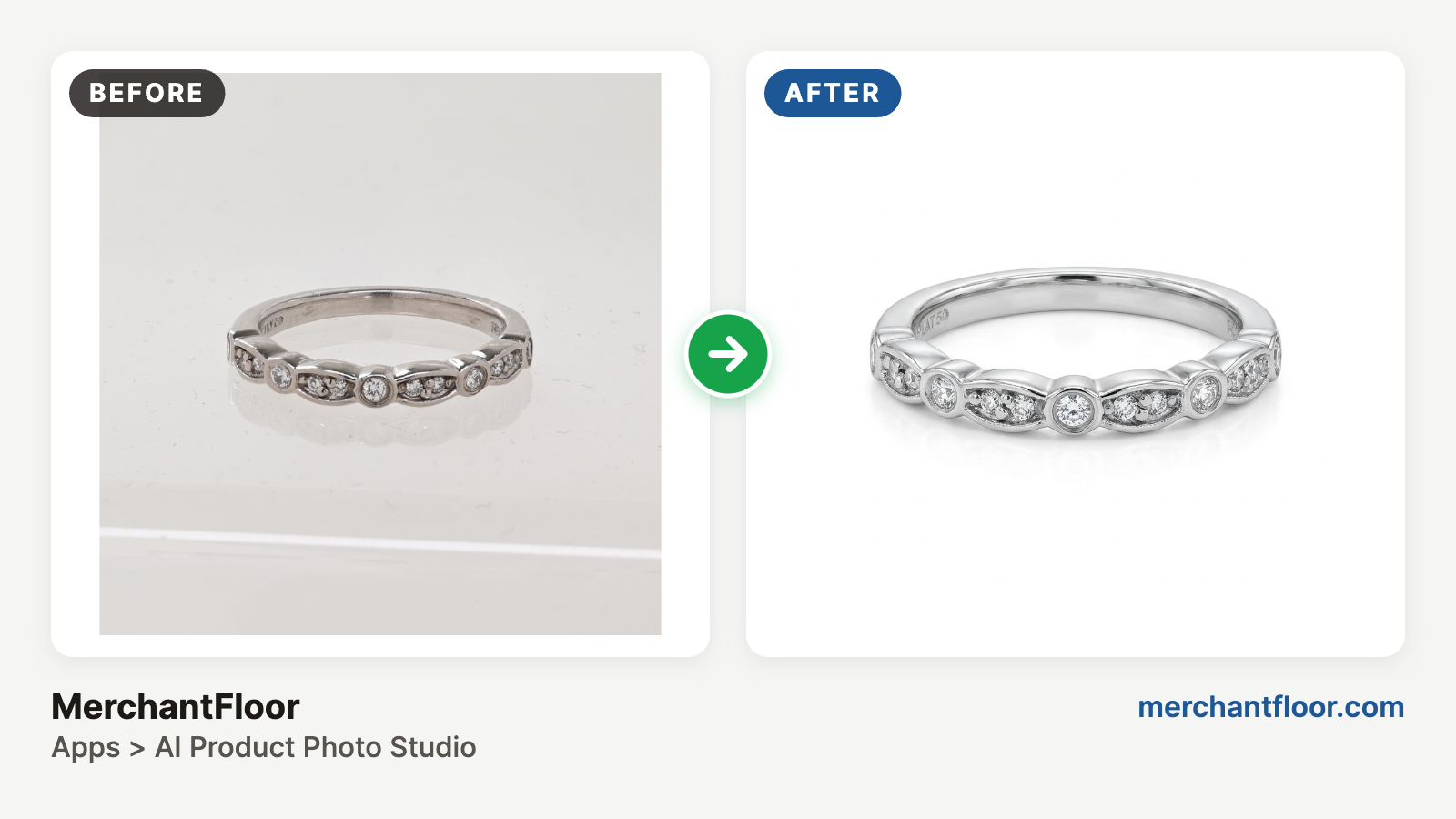 Before and after of a diamond band ring - AI white background and retouching polished metal