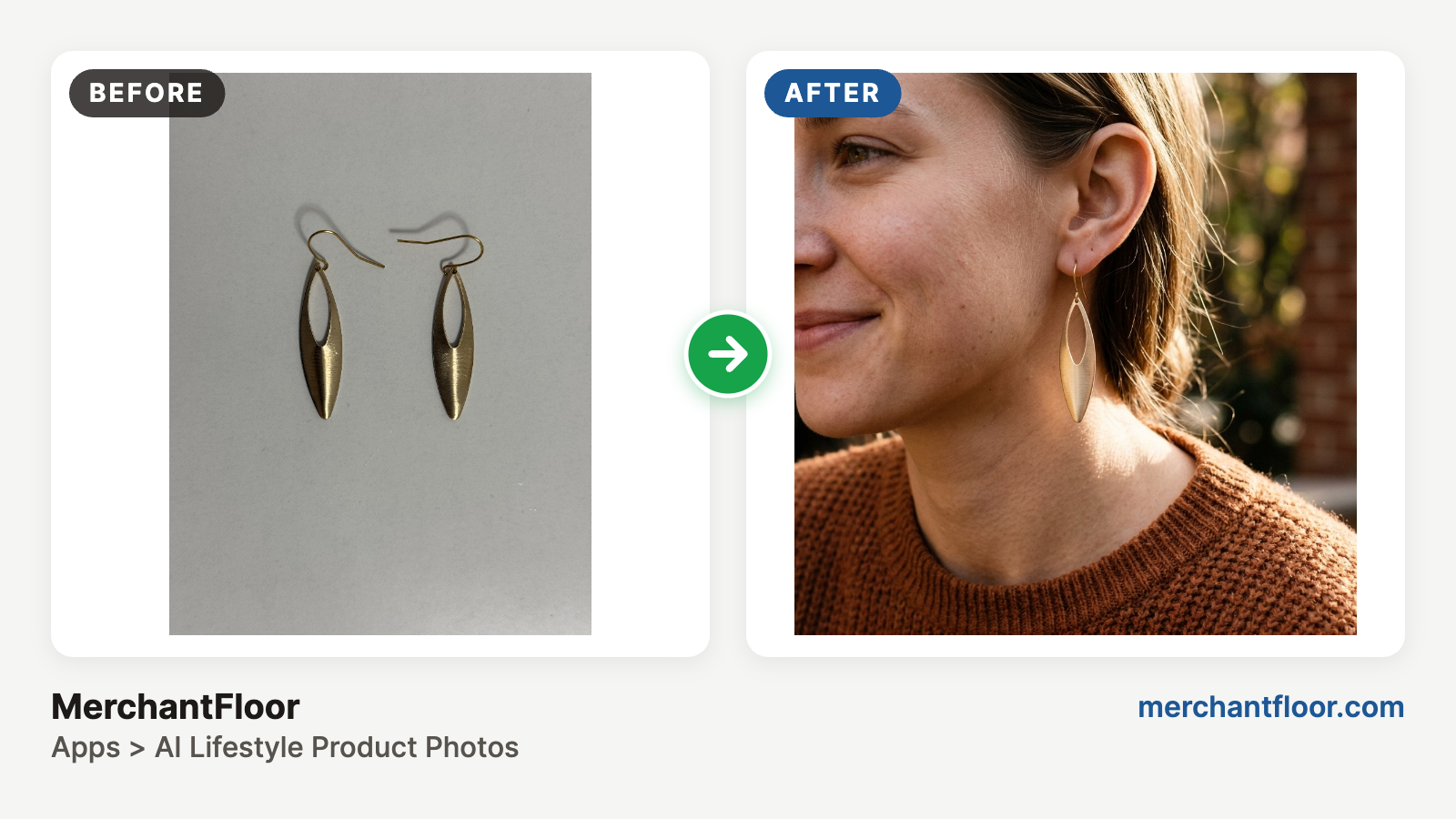 Before and after: gold leaf-shaped earrings on gray paper become an AI lifestyle photo worn by a smiling model