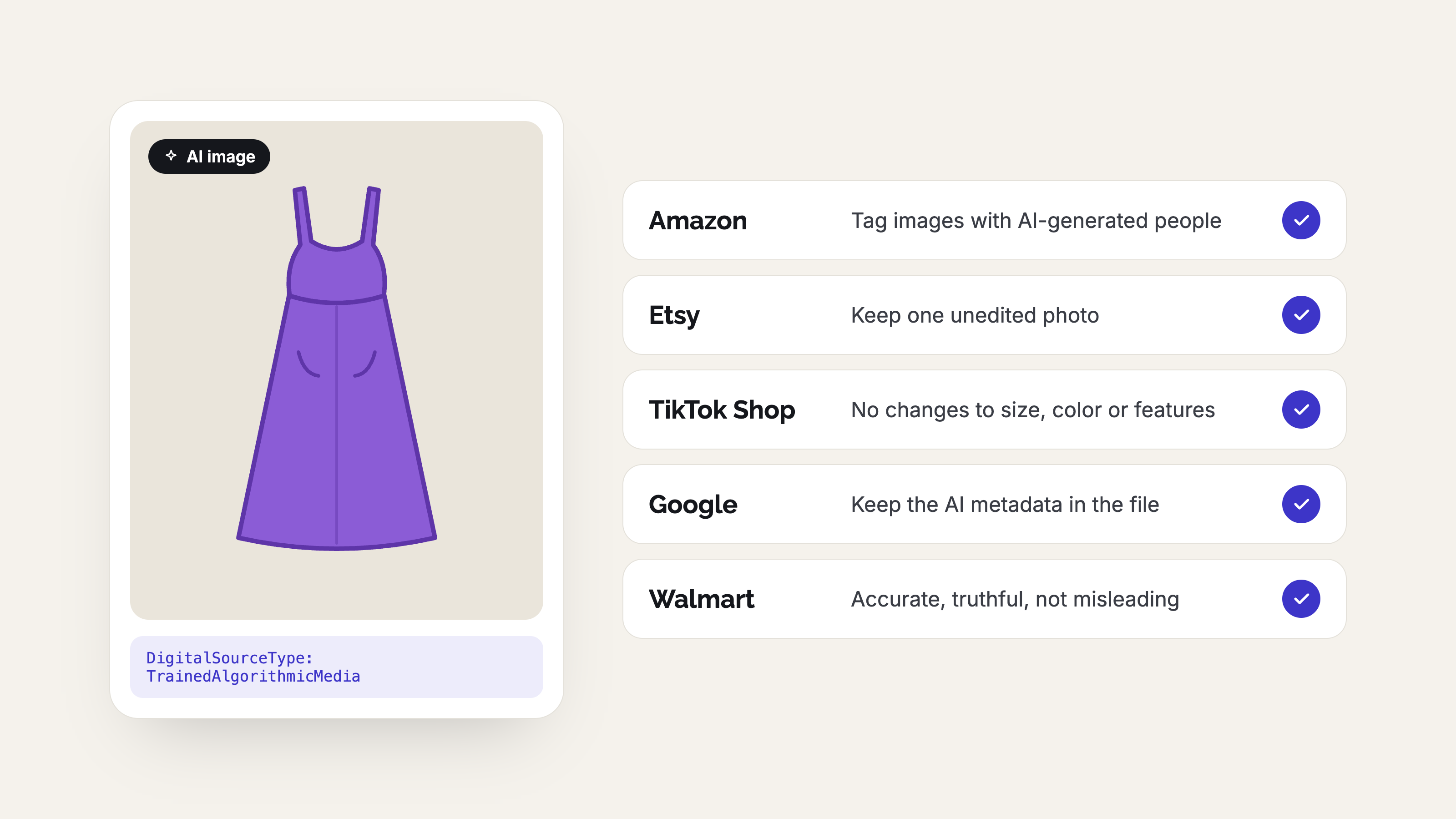 AI-generated purple dress image with checklist of AI photo rules for Amazon, Etsy, TikTok Shop, Google and Walmart