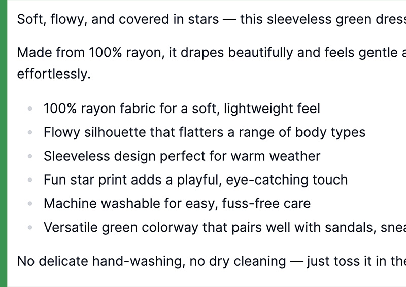 <p><strong>Generate benefit-driven product descriptions</strong></p> - MerchantFloor feature example